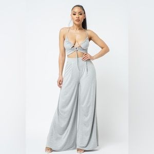 Cut Out Strap Crop Top with Wide Leg Pants - Grey